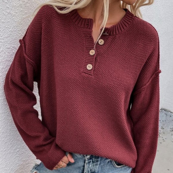 Sweaters - SOLD OUT Burgundy Button Neckline Oversized Relaxed Long Sleeve Knit Sweater